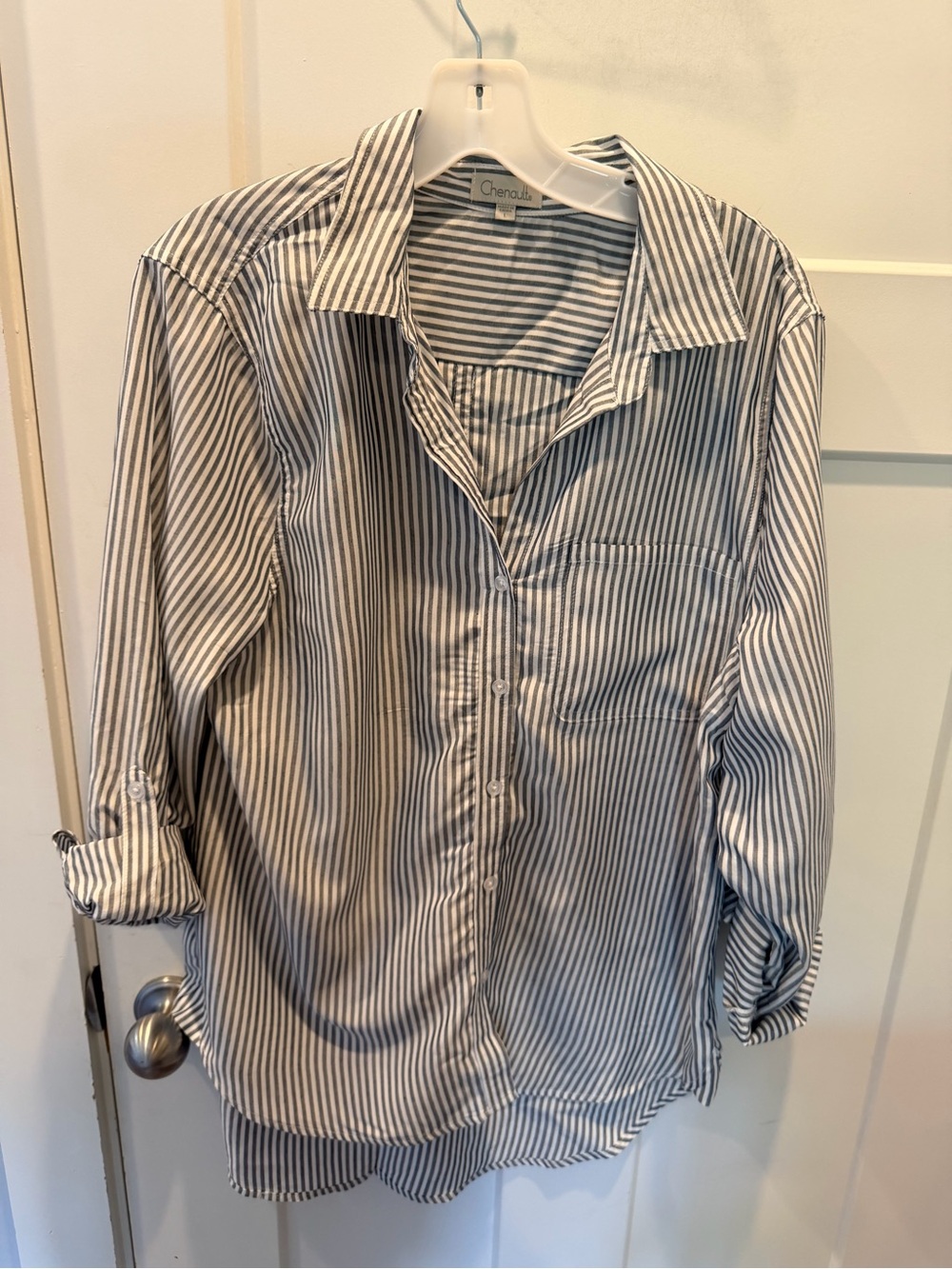 Chenault Blue White Striped Roll Tab Button Front Blouse Tunic Size Large